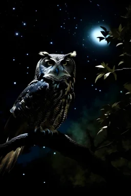 una lechuza mirando posada en un arbol en una noche oscura estrellada