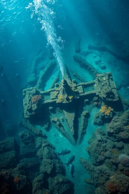 A top view of atlantis the lost city under the ocean water with marine plants and a submarine is sinking underwater and small divers are diving around , cinematic scene with fish and sharks around, high quality picture with rough water