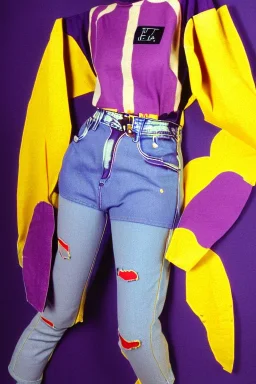 Photograph of a woman. Huge prints on denim,terracotta, cream and purple, lilac. Cream colored latex parts. imperial yellow, red plum mixed stripes, only on top half of t-shirt. Plant print.European daft punk woman. Baggy jeans, low waist, 1996! Mantle is sewed of recycled Denim and sewed together of recycled polymer felt. lace, Yellow(Munsell) areas. hint of orange as effect color!!Big bright purple/khaki felt tippet and cream or blue or lilac colored-hood. mantle is merged with cobalt bolero