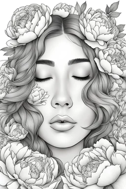 young woman, coloring page of a big beautiful bouquet of peonies all around her face, her eyes are closed and dreaming peacefully, only her face shows, her face fully covered by the bouquet of peonies, use black outline with a white background, clear outline, no shadows, some colors