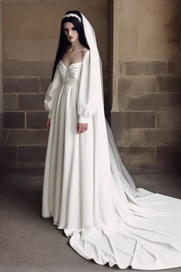 A very long wedding dress similar to Romanian dresses with long black hair Photorealistic