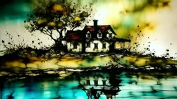 House on a lake for, Banksy, Alcohol ink