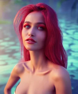 Realistic detailed perfect face portrait of a insane young beautiful woman top model in short open dress. Sensual, volumetric lighting, Unreal Engine 5, 3D Animation Quality, Octane Rendering. A masterpiece. There are water, flowers, vivid colors.