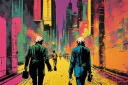 classic painting of a cyberpunk colourful walkway with two people making an exchange in the city with pollution by andy warhol