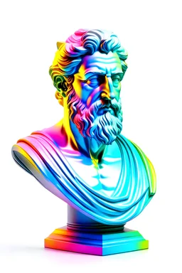 Bust of a Greek god in iridescent colors on a plain white background