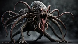 from the back a sad fantasy monster with many tentacles, sad pose, scary creature without face and without eyes, with big mouth, full length, full body without legs, very detailed, intricate insanely, Hyperrealism, photorealistic, natural volumetric light, dark fantasy style, photo style