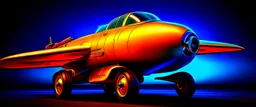 A national geographic award winning photograph of a military fighter jet station wagon wasp hybrid designed by volkswagen only one vehicle per image painted metallic orange traveling at a high rate of speed, jet intake off of front center of vehicle and jet exhaust out the rear with bright blue flame