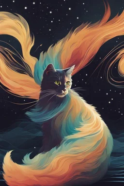 high quality, beautiful and fantastically designed silhouettes of colorful cat due to gravitational waves, beautifully designed wavelengths, very weak vibrations caused by fluctuations in the gravitational field of the universe, wave nature, stretching and compression, by yukisakura, awesome full color,