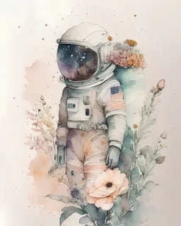 "floral astronaut" hand-drawn watercolor, muted tones, flowers everywhere, REALISTIC