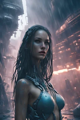 science fiction scene like cyberpunk on alien planet woman long hair ultrarealistic wet skin raining, tattos photorealistic, wind is blowing, tanned skin collarbones, one mechanical arm, robot army behind