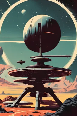 scifi art in the style of a 1960s book cover with a space station on an alien planet