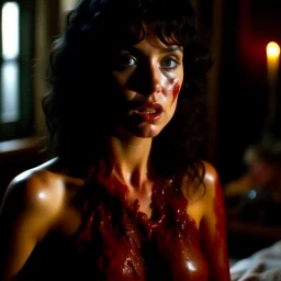 Horror movie shot, hot spooky, leech, shoulders, stunning, dining, huge breait, ultra realistic, real, eerie, ultra realistic hot skinny woman, pieces of meat, Dario Argento, Stanley Kubrik, 1980's, ornate, 4k, photorealism, splatter horror, graphic, details of the skin extremely accentuated