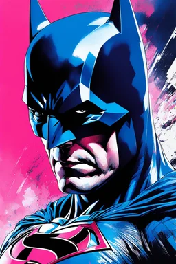 Poster in two gradations, split in half, one side "batman", other side "superman", midline of the face, painting by Yoji Shinkawa, dark blue and pink detailed iridescent, metallic, translucent, dramatic lighting, hyper futuristic, digital art,