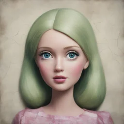 a cracked pattern oil painting of a barbie dill sitting for a portrait with a blank face, vintage style