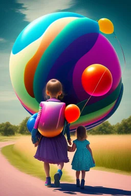 Carry a little girl home my trusted balloons, colorful, surrealism