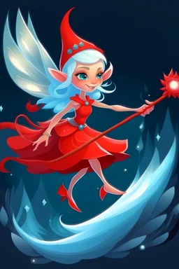 fantasy cartoon style illustration: mischievous ice fairy flying in the air with red magical wand