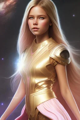 kristina pimenova as nature magic celestial, long middle blond hair, pink and white, transparent cloth, space, d&d, shiny background, intricate, elegant, highly detailed, digital painting, artstation, concept art, smooth, sharp focus, illustration, artgerm, bouguereau