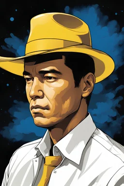 Gustavo Petro, comic style artwork, dark yellow, black and blue, wearing a wide-brimmed hat, wearing a white shirt, calm, serious and thoughtful