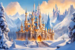 disneyland castle, gold, moebius, crystals and backgrounds of white mountains in the snow, white and blue fires