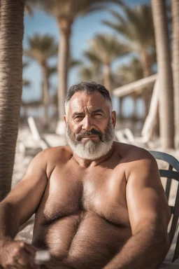 full figure shot photography of a tired strong muscular chubby hairy burly 55 years old ugly marocan carpenter, big nose, bullneck, beard, short hair, manly hairy chest, swimwear, bulge, emotive eyes , relaxing on a chair on the beach in the sun, big shoulders, side light, sweat and wet, ground view angle , front view