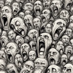 sketch line, rought, of faces on a pages, screaming and sad, demented, mad, journal