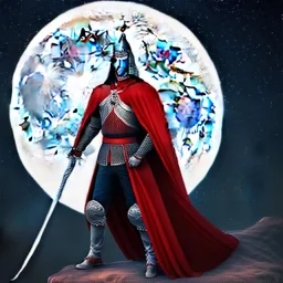 Standing king with his sword , red cape , armor , night , full moon , Stars ,