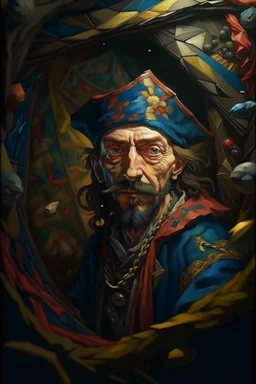 portrait of crazy art pirate thief in front of insane painting in the style of Escher, 4 k, down light, depth of field, trending on art station, high detail, cracked ground