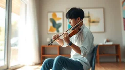 watercolor painting, A person with short black hair, wearing a simple white shirt and blue jeans, sitting in a quiet room, focused on a violin, conveying a sense of isolation and concentration. The walls are decorated with softly colored abstract art, and there is a large window letting in warm daylight., deep teal and light grey color scheme, blurry, muted colors, long exposition motion blur, creative, detailed brush stroke, minimal spalsh