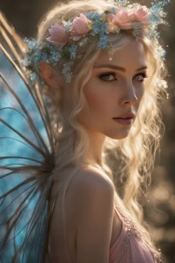 Pointed elven ears,Blonde hair ,Pink dress,Sparkling fairy wings,Very long golden hair,Fairy crown,pointed ears,elven ears,fairy wings,water lilies,sparkling,glittering,flowers,blossoms,golden crown,light pink dress