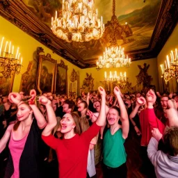 Celebration in a schloss, austrian cheering people, Austrian aesthetic, warm colors, wooden floor, forest green walls, red, chiaroscuro, 8k, HD, cinematography, photorealistic, Cinematic, Color Grading, Ultra-Wide Angle, Depth of Field, hyper-detailed, beautifully color-coded, insane details, intricate details, beautifully color graded, Cinematic, Color Grading, Editorial Photography, Depth of Field, DOF, White Balance, 32k, Super-Resolution, Megapixel, ProPhoto RGB, VR, Halfrear Lighting,