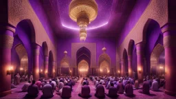 Hyper Realistic Photographic-View of lots of Muslim-Men praying inside a Massively-Huge-Beautifully-Crafted-Purple-&-Maroon Wall-Mosque with detailed-pillars & Garland-Light-Decorations-&-Lamps with dramatic-&-Cinematic-Ambiance at night.