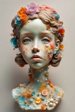 portrait of girl, 3D resin, Skin made from colorful vintage elements