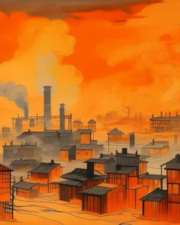 An orange colored western town engulfed in smoke painted by Piet Mondrian