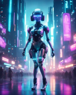 Night city Atmosphere Beyond Future A robotic Dj cyberpunk wearing advanced futuristic clothes metal shiny glass multicolor ( all to feet) she on passionate hip hop dancing faster in futuristic cyber city 3d rendering sci fi picture