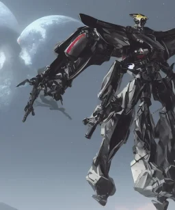 Photorealistic futuristic shiny winged samurai mechwarrior holding large katana on the surface of an alien planet