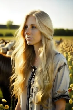 Country female with very long blonde hair, flowers, field, cows, sunny