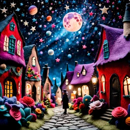 Detailed people, creepy street made of felt, naïve, village, stars and planets, splimapys, sun, splops, volumetric light, giant flowers, naïve, Tim Burton, strong texture, st, orero dream, extreme detail, Max Ernst, decal, rich moody colors, sparkles, Harry Potter, bokeh, odd, sbuc