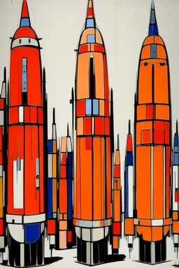 Orange robotic rockets painted by Piet Mondrian