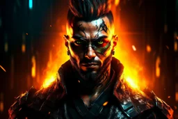 Portrait roi mma cyberpunk, incendie en arrière plan