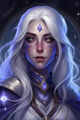Generate a Dungeons and Dragons character portrait featuring the face of a beautiful young female drow elf. She is a Circle of the Stars Druid and a Twilight Cleric. Her long, voluminous, silver-white hair is interspersed with tiny, twinkling stars. Her light purple skin is adorned with softly glowing, constellation-like patterns. Her violet eyes shimmer like distant galaxies. She wears a delicate silver circlet entwined with star motifs. Her large cloak, embroidered with star charts, has layer