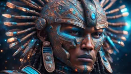 photorealistic Aztec warrior cyborg marauder opalescent, interstellar galactic particles stream event horizon, quantum wormhole