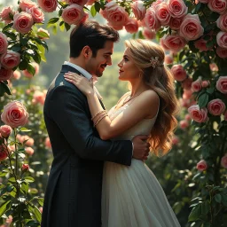 A hyper-realistic, A radiant woman in a romantic embrace with a gallant man, their figures framed by a lush garden of roses. ,fool size , Photo Real, 64k
