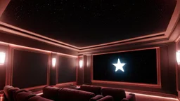 Generate an image of a sleek home cinema with a star-lined ceiling