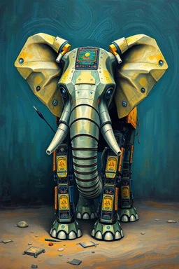 Van Gogh painting style in oil painting of an elephant robot build all digital circuits and electronics components his ears like radar antenna his legs like a tank weeks his nose is like a cannon his eyes like to crystal balls , contrasting with natural hands skin