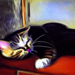 oil portrait of a Cat sleeping in a Black sofa by Monet 8k