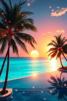 Luxury Tropical House album cover, award-winning music artwork, crystal-clear turquoise ocean merging into an endless horizon beneath a radiant golden sunset. Exotic palm trees illuminated by soft neon cyan and coral lights sway in the warm breeze. Glowing particles drift through the air like fragments of melody, creating a magical atmosphere. Elegant reflections dance across the water surface, while subtle geometric patterns inspired by electronic music production are integrated into the enviro