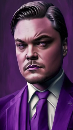 leonardo dicaprio portrait ultra realistic in suit, purple colors