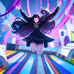 Clear focus,High resolution, Black long straight hair, and purple eyes, wearing a skirt,with stocking, with long boots on, Happy, Jumping, Teen, Background is a very colorful and happy theme park, Potrait, Blurry bg, Semi-Realistic