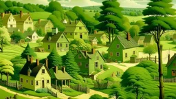 An olive green village with wooden houses painted by Edward Hicks