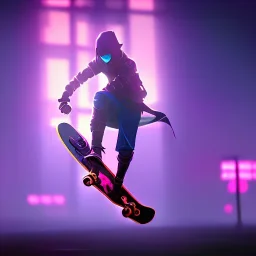 photo of a ninja riding a skateboard; in an alternate universe in tokyo; cyberpunk; realistic; rain; neon signs